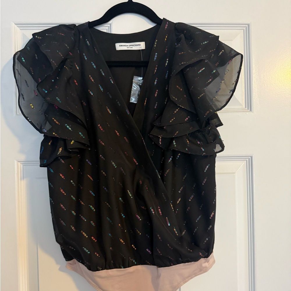 Amanda Uprichard Black Ruffle Sleeve Top. Size Small. Matching skirt separately